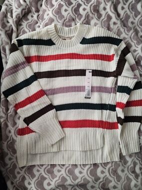 NWT SO Cream-Colored Bold Striped Chunky Crewneck Sweater - Multicolor